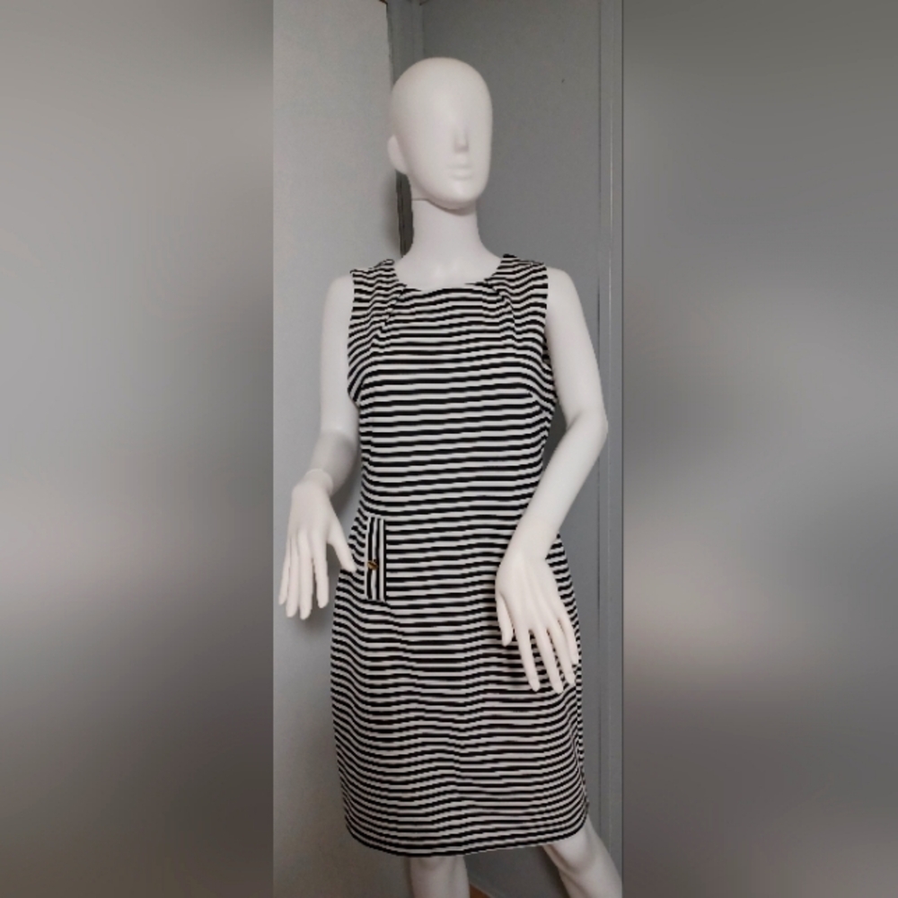 Nina Leonard Black and White Striped Midi Dress
